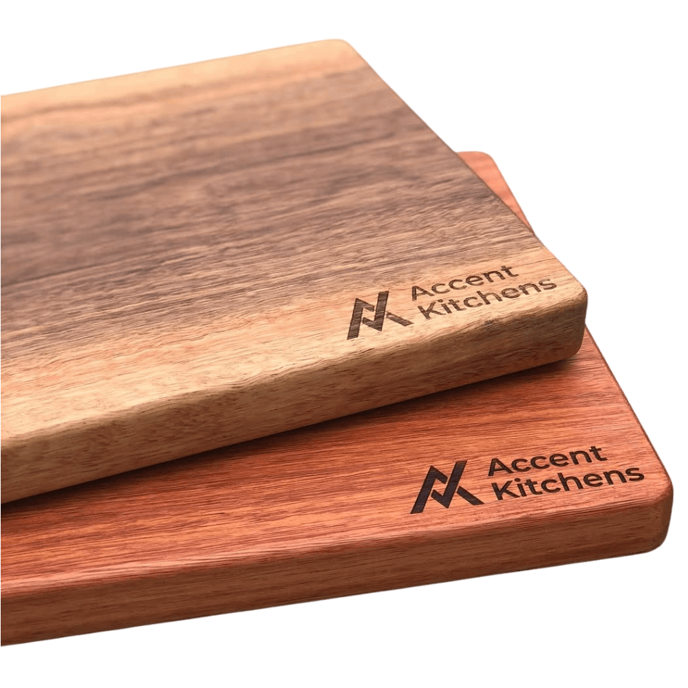 Logo engraved boards in Blue Gum and Blackbutt for Accent Kitchens