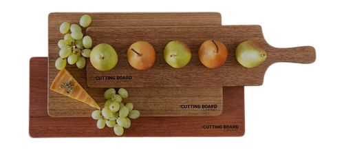 Three stacked chopping boards, displayed with cheese, grapes and pears